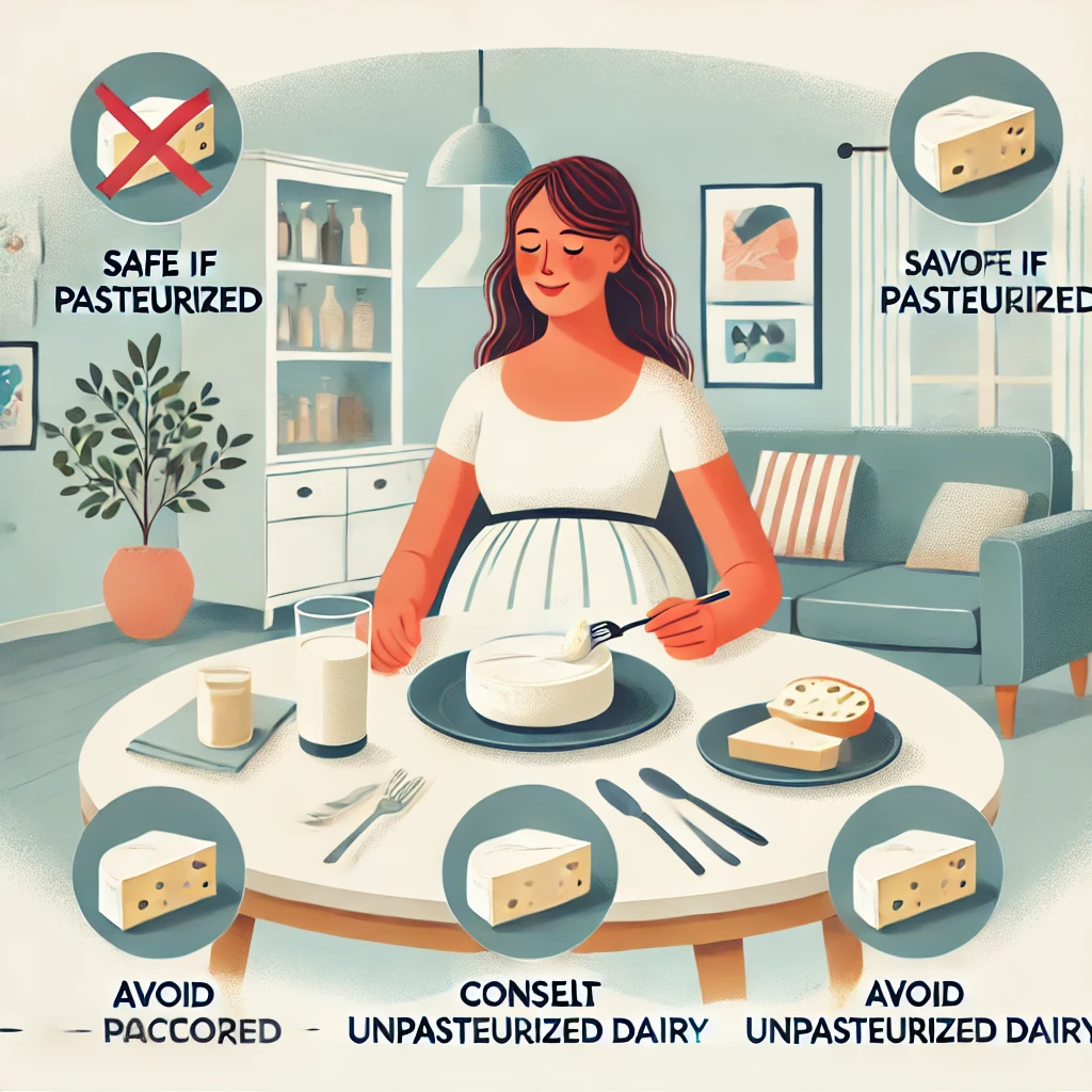 DALL·E 2024 12 04 16.15.35 An educational illustration showing a pregnant woman at a dining table with a plate of burrata cheese. The scene includes clear labels and icons such 1